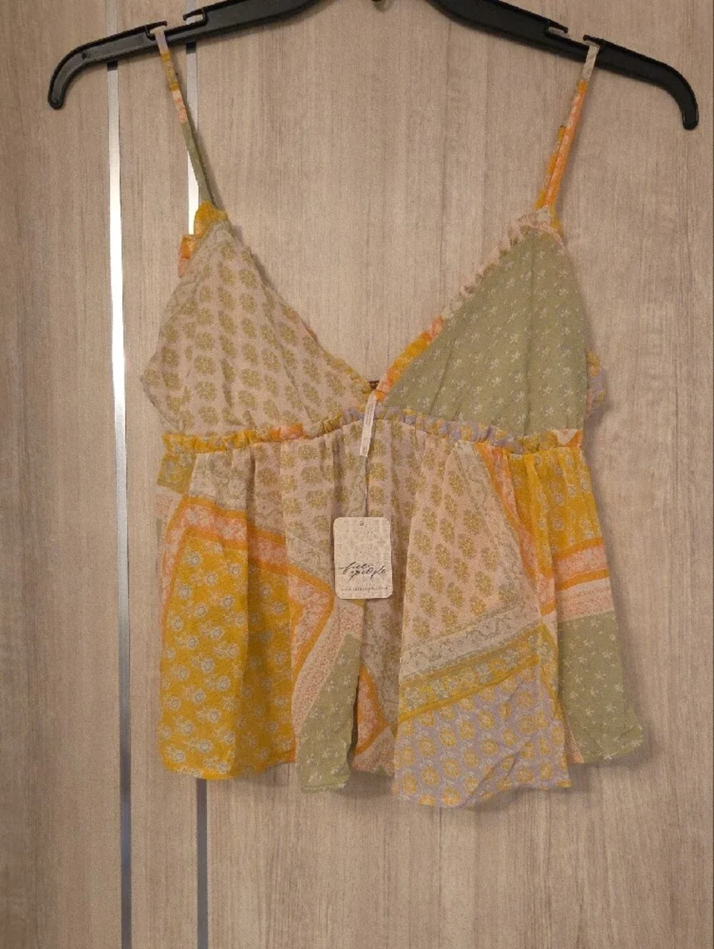 Free People Patchwork Spaghetti Strap Cami in Yellow & Sage PTP 14